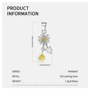 Detailed size view of S925 sterling silver heart daisy pendant with dimensions and s925 stamp