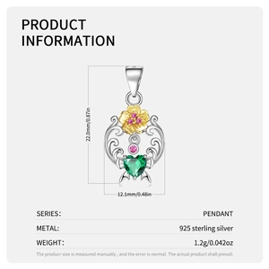 Detailed size specifications for a S925 sterling silver heart floral pendant with green gem