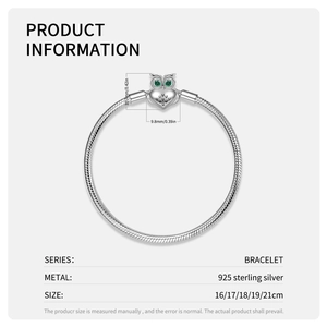 S925 sterling silver snake chain bracelet with owl clasp and green gemstone eyes