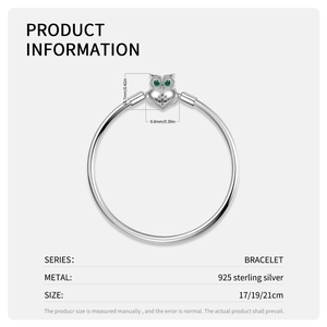 S925 sterling silver snake chain bracelet with green-eyed owl clasp and sizing details