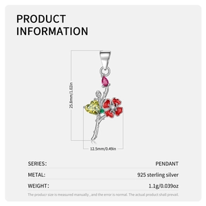 Detailed S925 sterling silver flower pendant dimensions with yellow heart gemstone