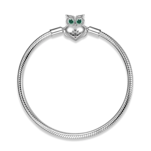 Macro shot of silver snake chain bracelet featuring an owl clasp with green gem eyes