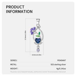 Detailed dimensions of S925 sterling silver floral pendant with blue heart gemstone