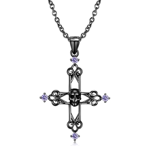 Gotische schwarze Kreuz Totenkopf Halskette mit lila Edelsteinen und Punk-Stil