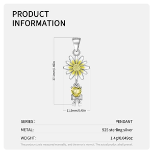 Detailed specs of S925 silver daisy pendant with yellow heart zircon, 27.1mm by 11.5mm