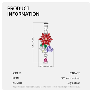 Detailed view of S925 sterling silver floral pendant with dimensions 26.4mm x 10.3mm