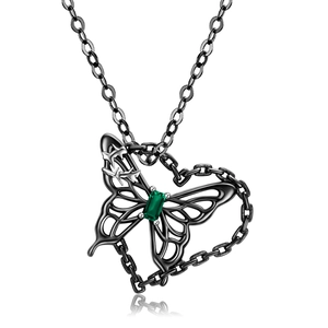 Dark style butterfly heart pendant necklace with rectangle green gemstone in 925 silver