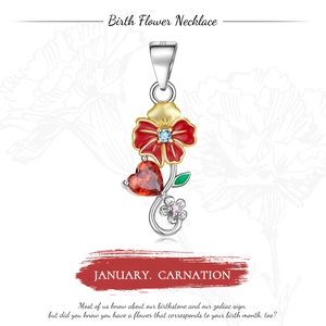 Detailed close-up of S925 silver January carnation pendant with red heart stone