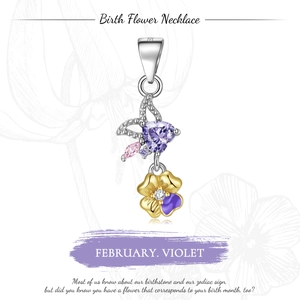 Detail of February birth flower necklace featuring silver butterfly and purple heart stone