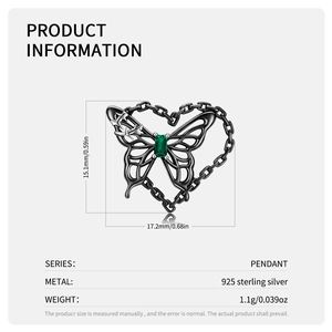 925 sterling silver butterfly pendant necklace with emerald green stone and heart cutout