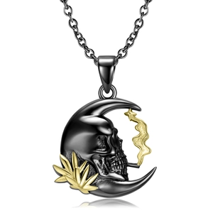 Gothic S925 sterling silver smoking skull moon pendant necklace in black and gold finish