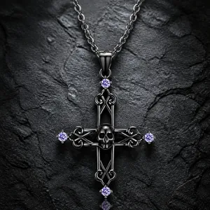 Gothic 925 Sterlingsilber Totenkopf Kreuz Anhänger Halskette Für Damen Herren Punk Schwarz Galvanisiert Lila Zirkonia Schmuck