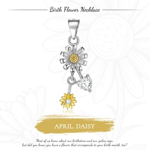 Detailed view of S925 silver April daisy pendant with gold accent and heart zircon stone