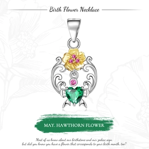 Detailed S925 sterling silver May Hawthorn birth flower necklace with green heart stone