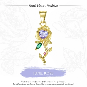 Detailed S925 silver June birth flower rose necklace with a heart purple gemstone