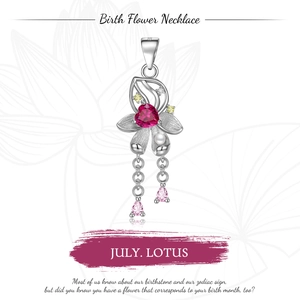 Detailed S925 sterling silver July Lotus pendant with heart-shaped ruby and pearl accents