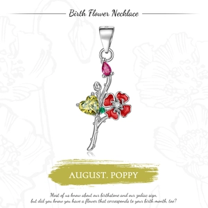 Detailed view of S925 silver August Poppy birth flower pendant with colorful gems