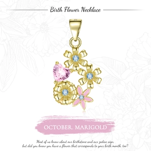 Detail of S925 sterling silver October Marigold pendant with pink heart gemstone