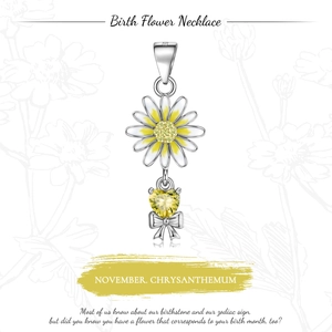 Detail of S925 silver November birth flower pendant with yellow heart gem and daisy