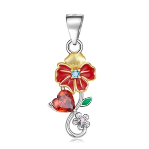 S925 sterling silver floral heart necklace with red gem and vintage flower pendant