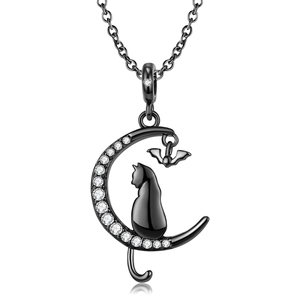 Collar de plata S925 con luna negra, gato, amuleto de murciélago y circonitas blancas