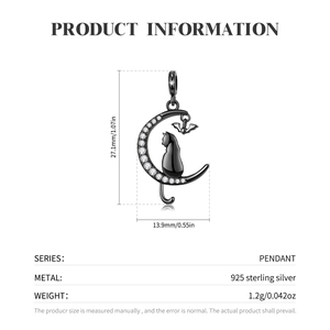 Collar de plata de ley S925 con colgante de luna negra, gato y piedras de circonita