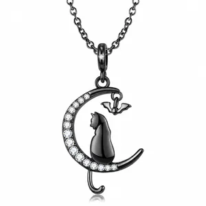 Collar con Colgante Gato Murciélago Luna Negra Gótica en Plata de Ley 925 Strass Joyas Halloween Regalo Mujer