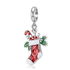 S925 sterling silver Christmas stocking charm with red enamel and candy cane details