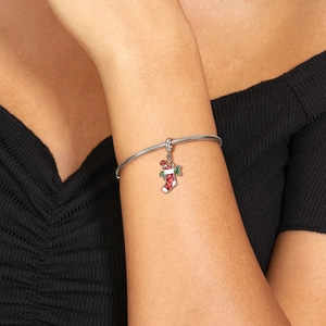 925 Sterling Silver Christmas Sock Charm For Bracelet Red Enamel Candy Cane Holly Leaf Festive Jewelry Pendant For Women