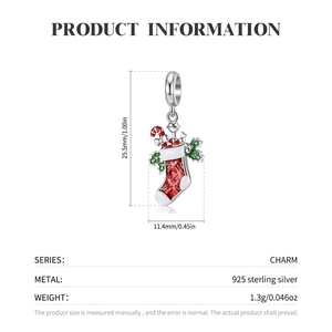 Red Christmas stocking charm in 925 sterling silver with enamel candy cane and dimensions