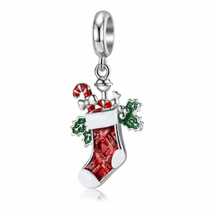 925 Sterling Silver Christmas Sock Charm For Bracelet Red Enamel Candy Cane Holly Leaf Festive Jewelry Pendant For Women