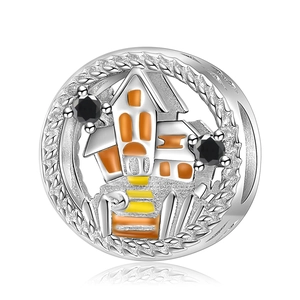 S925 sterling silver Halloween castle charm with orange enamel windows for DIY bracelets