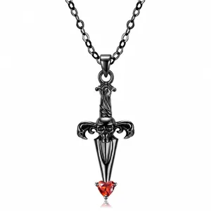 925 Sterlingsilber Gothic Dolch Anhänger Halskette Rotes Herz Strass Totenkopf Kreuzschwert Punk Schmuck Für Damen Herren