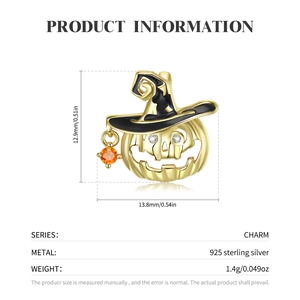 S925 sterling silver gold plated pumpkin witch hat charm with orange cubic zirconia