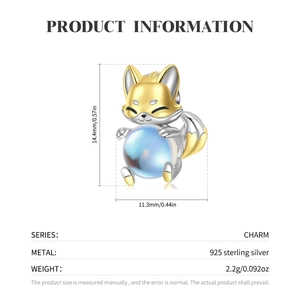 Two-tone 925 sterling silver fox charm with synthetic moonstone and detailed dimensions