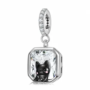 Lindo Colgante de Bulldog Francés Negro de Plata de Ley S925 Piedra de Corindón Sintético Transparente Strass DIY Charm