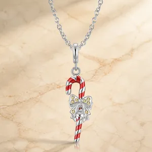 925 Sterlingsilber Weihnachten Zuckerstange Anhänger Halskette Mit Rot Weiß Emaille Schleife Glocke Zirkonia Damen Schmuck