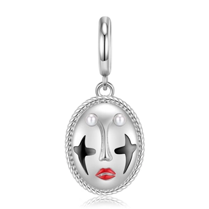 Colgante de máscara de payaso en plata 925 con ojos de perlas y detalles de boca roja