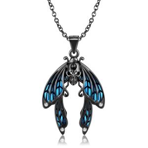 Gothic S925 silver moth skull necklace with blue honeycomb wings and black metal finish