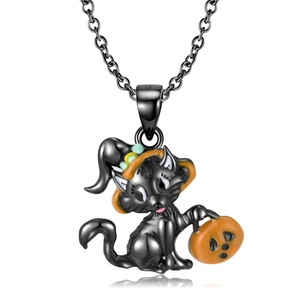 Collar de gato negro de plata esterlina S925 con sombrero de mago y colgante de calabaza