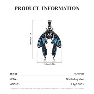 925 Sterling Silver black skull moth pendant with deep blue wings for gothic style jewelry
