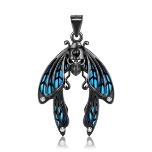 Macro detail of S925 hallmark on gothic black silver cicada pendant with blue wings