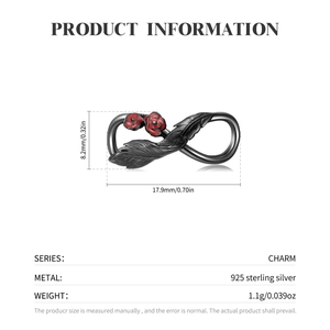 Infinity charm bead in 925 sterling silver with red roses and feather textures