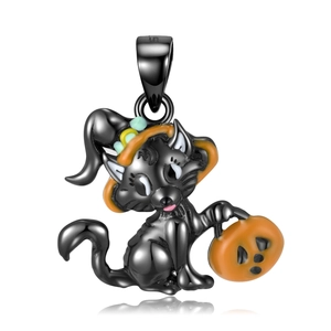 Colgante de gato negro en plata S925 con sombrero de bruja y linterna de calabaza