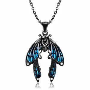 Gothic Dark Style Cicada Skull Pendant Necklace 925 Sterling Silver Electroplated Black Gold Blue Wings Rhinestone Inlaid Insect Jewelry