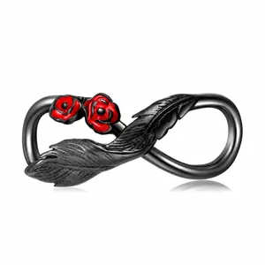 925 Sterling Silver Infinity Rose Charm Black Gold Plated Enamel Flower Feather Bead For DIY Bracelet Jewelry Women