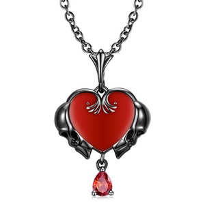Collana gotica in argento S925 con cuore rosso, teschi neri e ciondolo di gemma