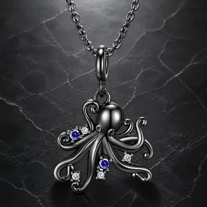 Collar con Colgante de Pulpo de Plata de Ley 925 Gótico Galvanizado en Oro Negro Diamantes de Imitación Joyería Unisex