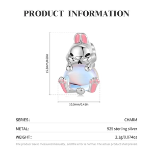 Cute 925 sterling silver rabbit charm with pink enamel and synthetic moonstone bead