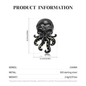 Charm polpo teschio nero in argento sterling 925 per creazione gioielli punk